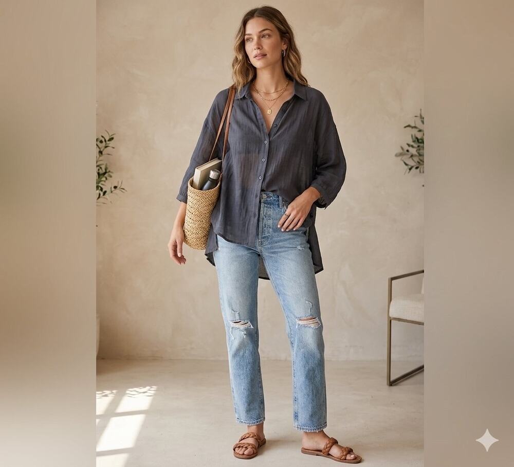 Fate by LFD 100% Linen Blouse Blue Womens Size Small